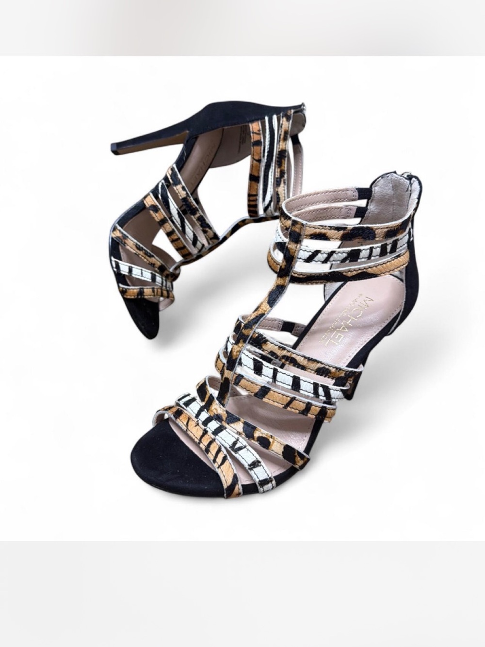 MICHAEL Michael Kors Leopard & Black Strappy High Heel Sandals Size 8